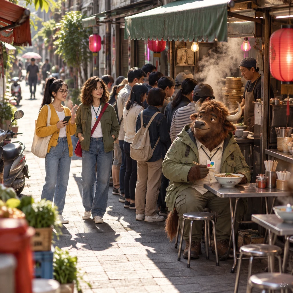 A packed narrow Tainan lane crowds one stall as Yi-Jun presents the stop to Maya and A-Li sits across two stools with a bowl barely touched.