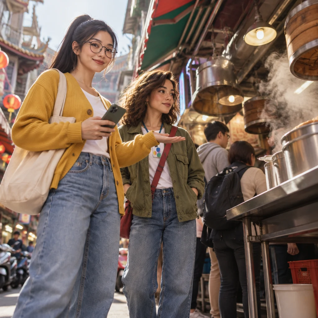 Yi-Jun stands forward and proudly presents the crowded stall as a famous stop while Maya watches from a step behind.