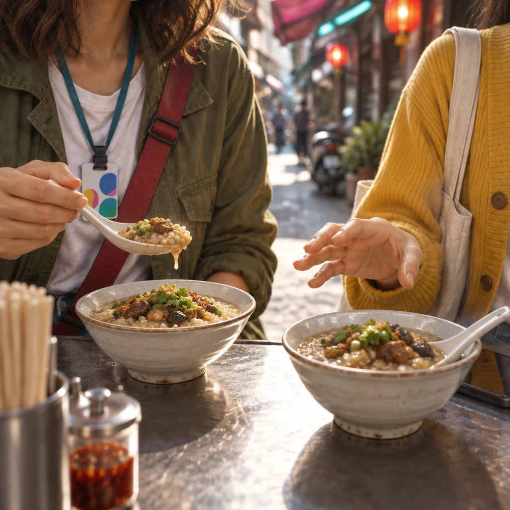 Maya takes a first bite while Yi-Jun gestures at a bowl as if the flavor is distinctive.