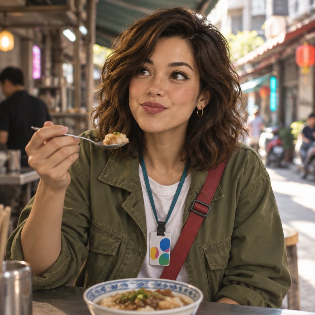 Maya pauses mid-taste with a spoon raised, weighing a sweet-and-salty flavor.