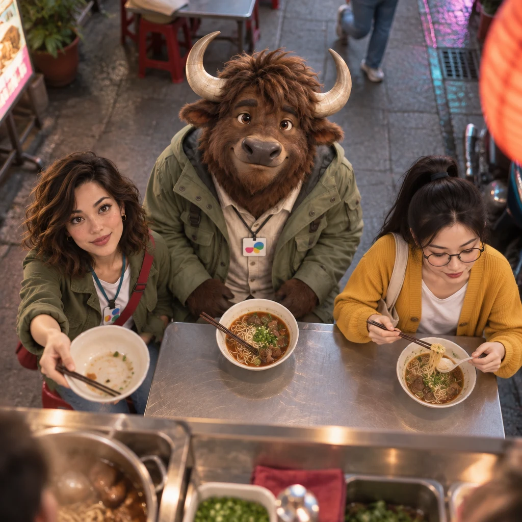 Maya holds up a nearly empty bowl wanting another while A-Li sits across two stools with a bowl almost untouched and Yi-Jun eats at a normal pace.