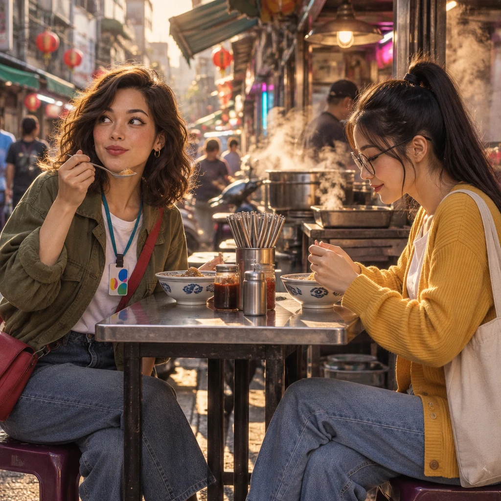 Maya sits back over a last spoonful, finding the snack tastier than imagined, while Yi-Jun looks down into another bowl.