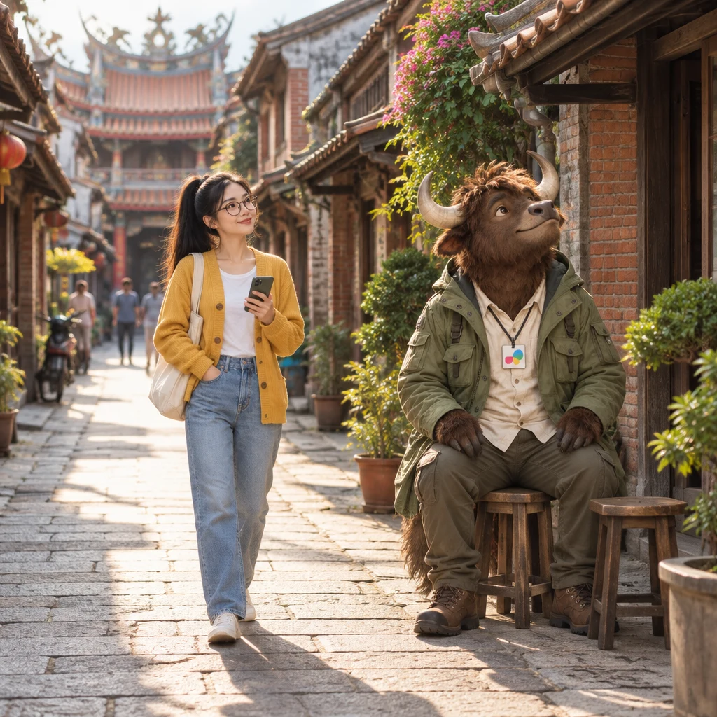 Yi-Jun walks a quiet old Tainan lane toward a temple roof at the far end while A-Li the yak sits on a pair of stools and cranes at the tiled rooftops.