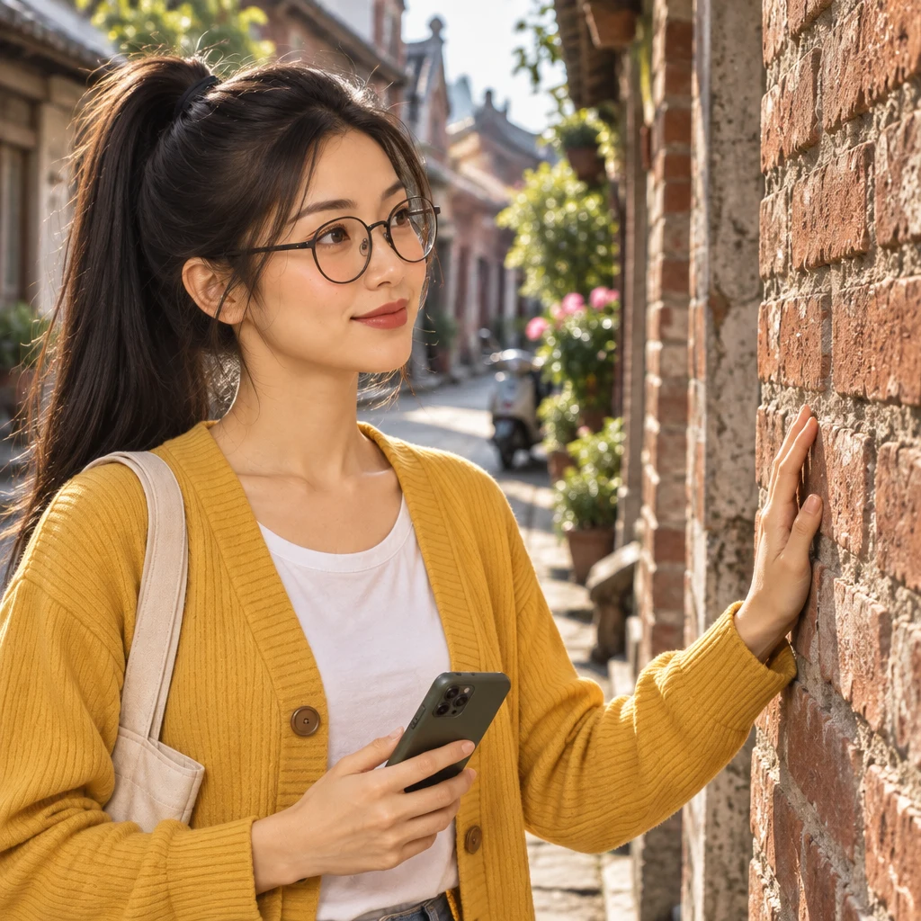 Yi-Jun stands still beside a weathered brick shophouse and rests one palm on the old wall while looking down the historic lane.