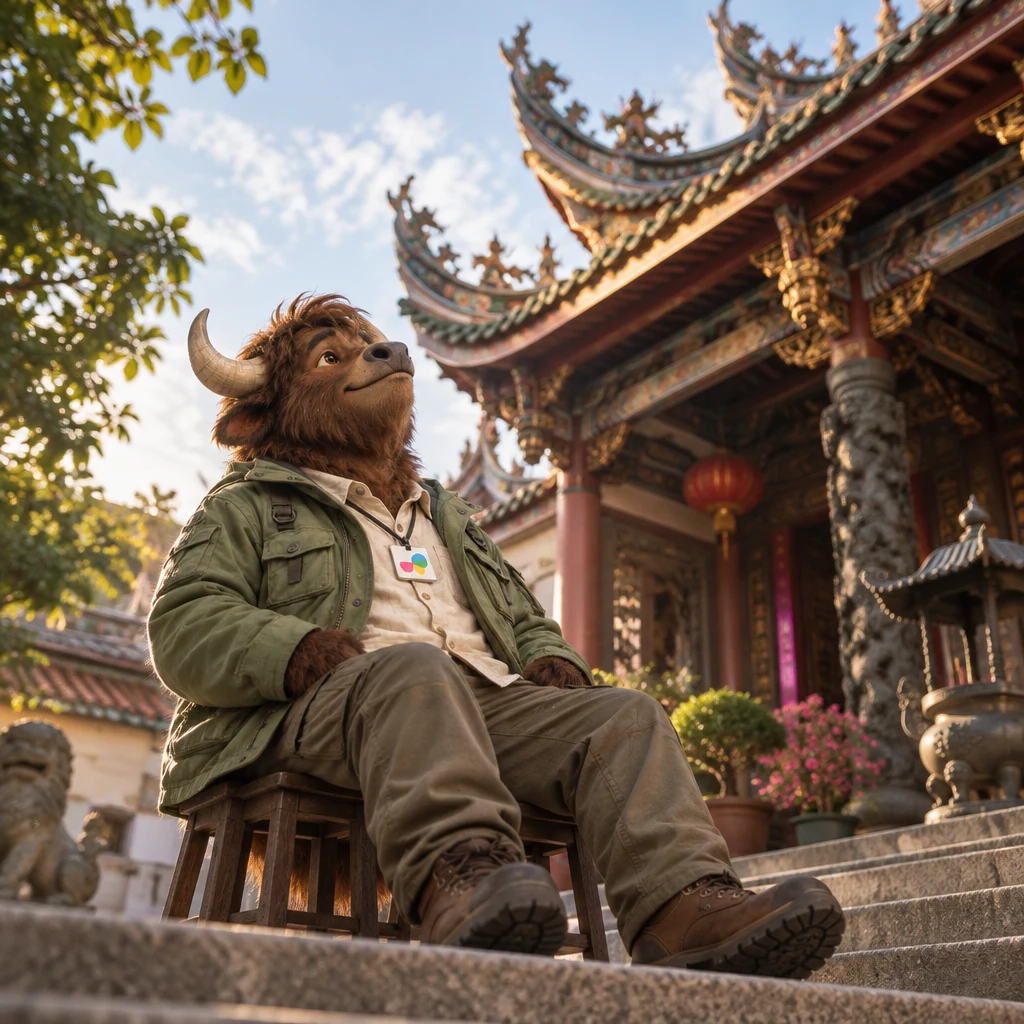 A-Li the yak sits on a pair of stools at the temple steps and tips far back to study the old swallowtail roof.