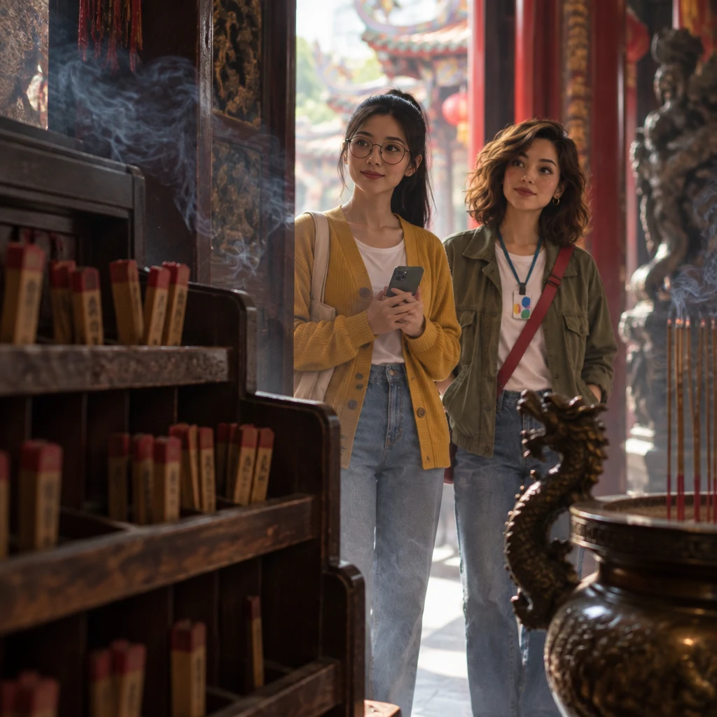Incense drifts past an unused wooden slip rack in the corner of the hall while Yi-Jun and Maya stand soft on the temple threshold, ready to go in.
