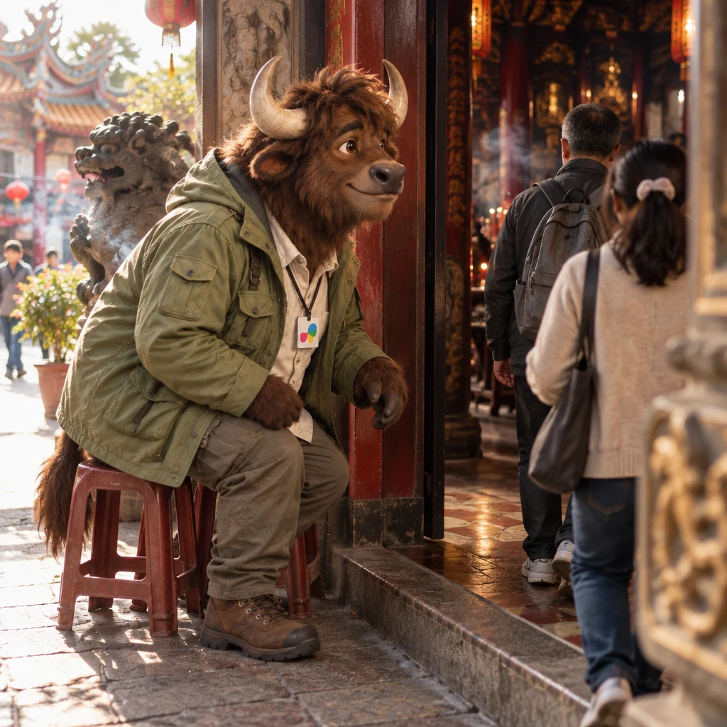 A-Li the yak leans from a pair of stools toward the open temple doorway, one front hoof lifted, about to shuffle inside.