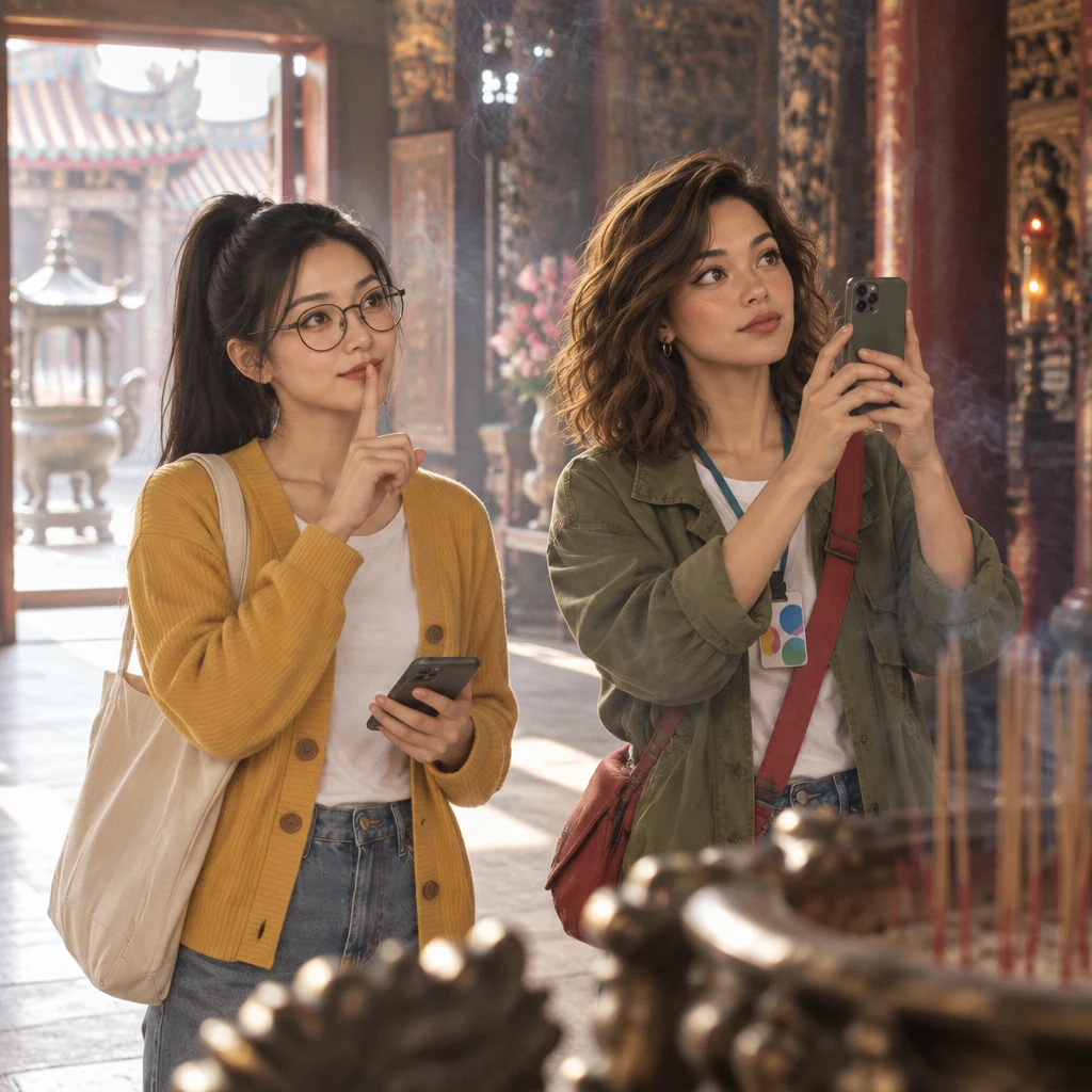 Inside the quiet hall Yi-Jun holds a phone low and lifts one finger for quiet while Maya starts to raise a phone.