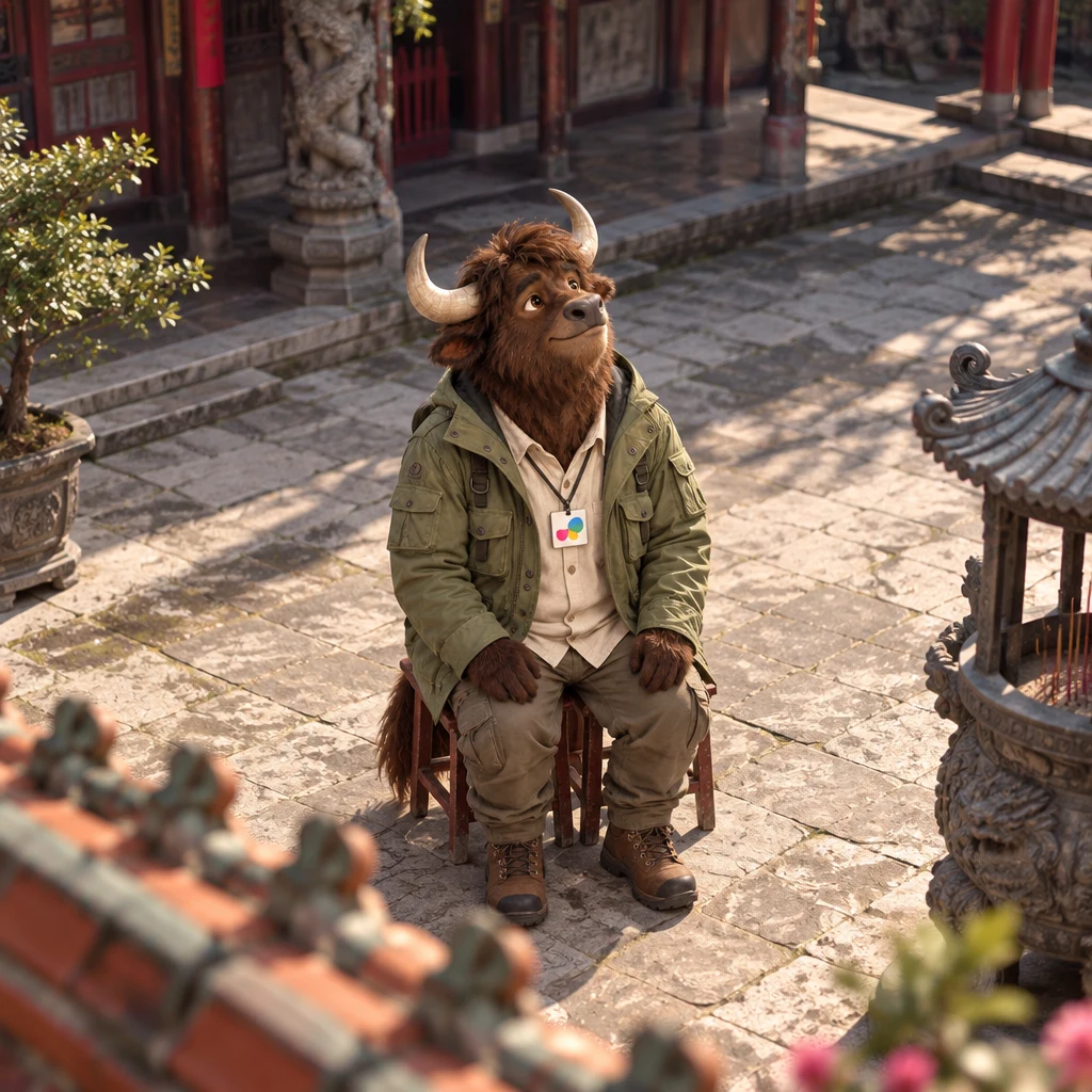 A-Li the yak sits tall on a pair of stools in the still temple courtyard and slowly turns to take in empty old stone and wood unlike Taipei.